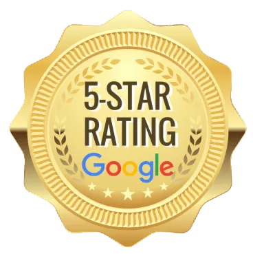 A five star ratings badge with the google logo.